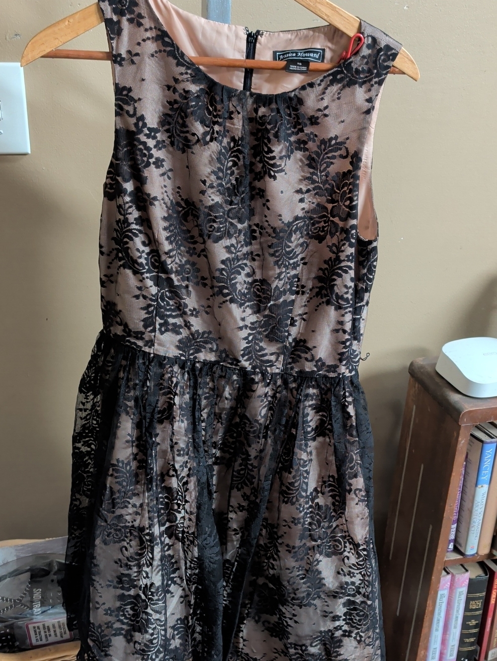 Jessica Howard Black Satin and Blush Trim Dress